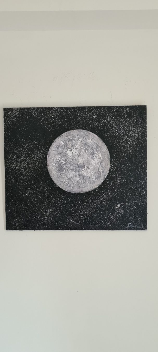 Une pleine lune illuminée sur un fond noir étoilé.