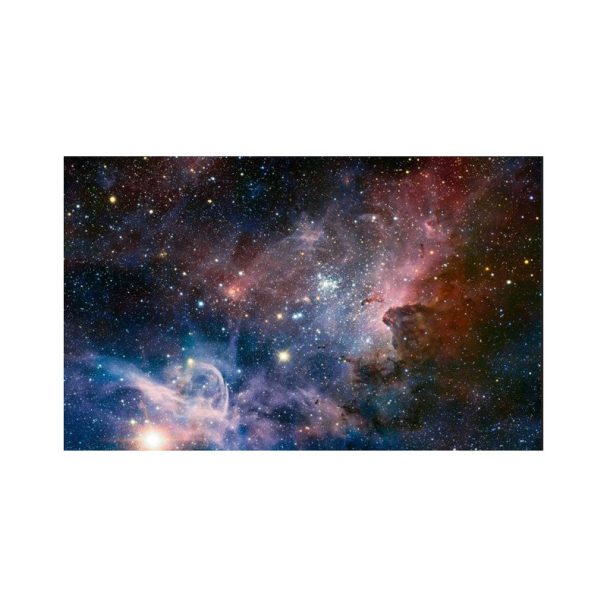 Vue de l'espace, avec des nébuleuses colorées et des étoiles brillantes.